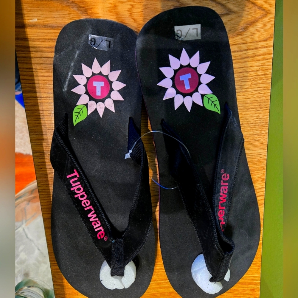 Tupperware Black Flip Flops with Pink Flower Design